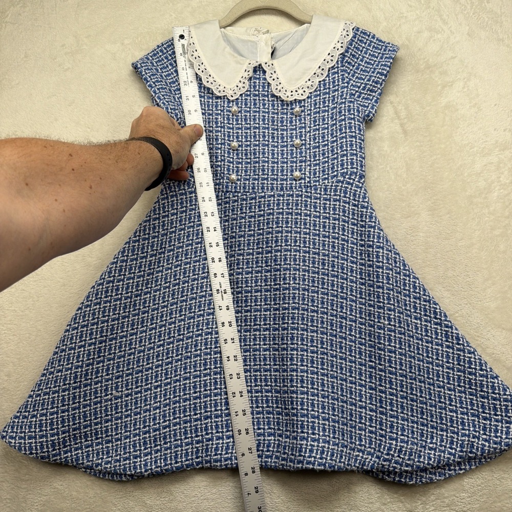Janie and Jack Tweed Dress Girls 8 Blue White Eyelet Collar Party - Picture 3 of 9